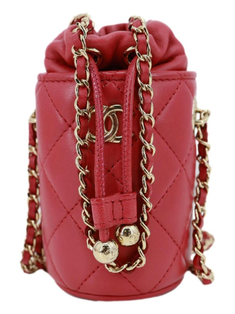 Chanel CC Micro Quilted Lambskin Leather Drawstring Bucket Bag Red